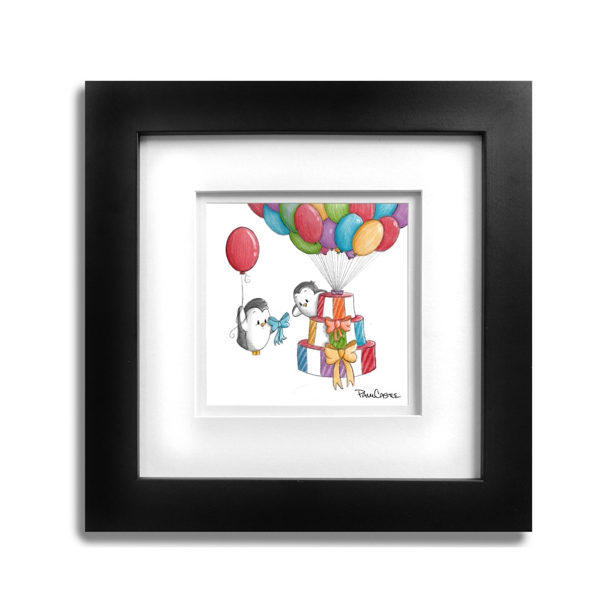 penguins-floating-with-balloon-cake-illustration-black-frame