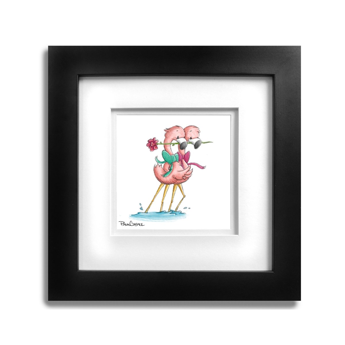 flamingos-dancing-with-rose-in-mouth-illustration-black-frame